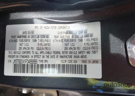 2015 Mazda Cx-9 Touring из США, поврежденный, VIN JM3TB2CA1F0455656